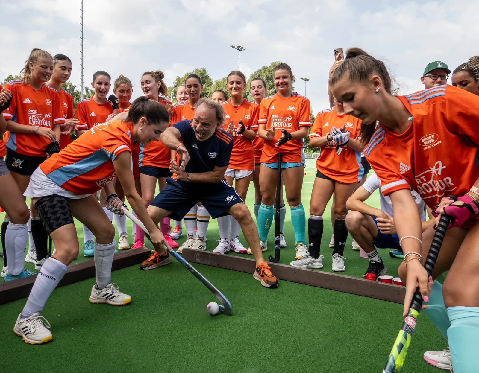 A Dutch coach demonstrating a tackle to Sport EuroTour athletes at the Amsterdam training club
